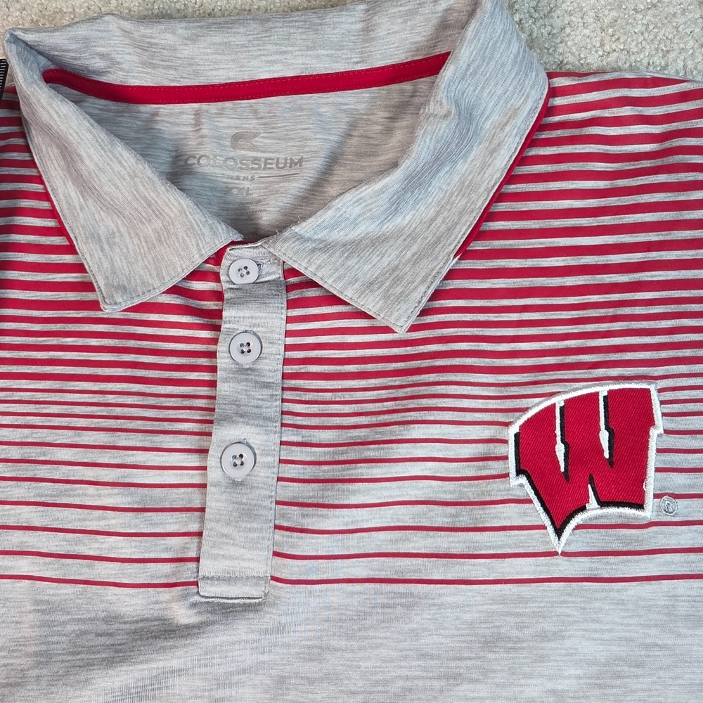Colosseum Polo Shirt Mens XXL Gray Red Wisconsin Badgers Striped Performance W